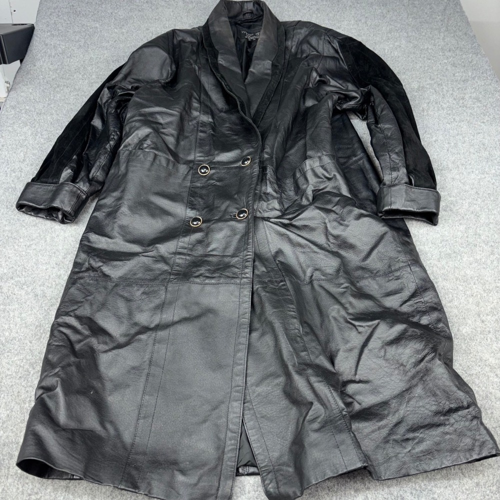 Marco Morani Leather Trench Coat Womens 2X Black Double Breasted Long Jacket Lux